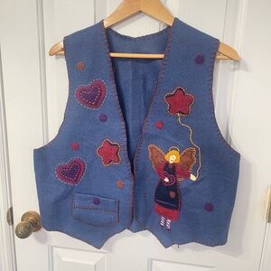 Womens Angel Appliqued Felt  Vest Size Medium Large Country Hearts